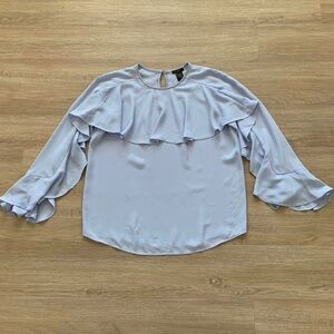 Ann Taylor Factory Ruffle Bell Sleeve Blouse Back Key Hole Light Gray Blue Sz XS